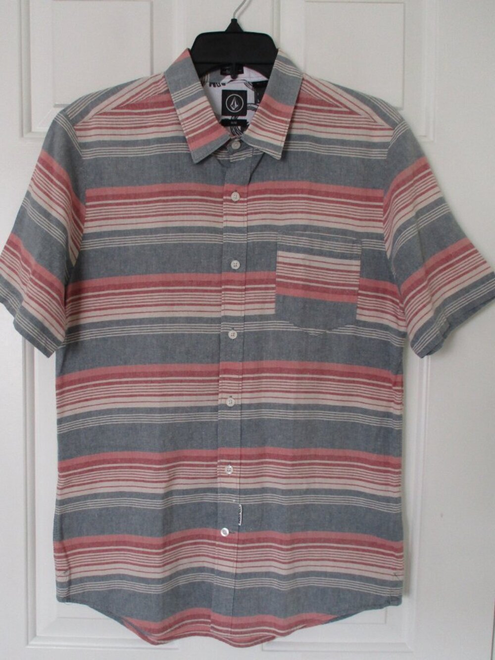 Volcom Mens S/S Muted Blue/Pink Cotton Stripe Casual Shirt- Size Medium Slim Fit